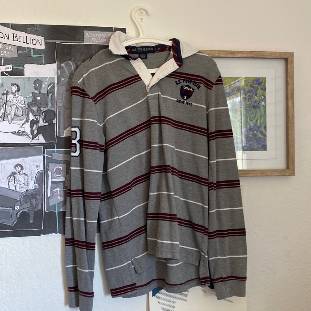 Red/White Striped Grey Polo Vintage Looking